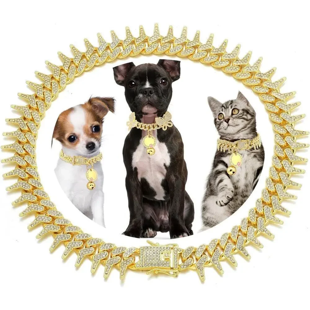 Gold Dog Chain Collar, Cool Spiked Style Necklace Bling Diamond Cuban Link 14in